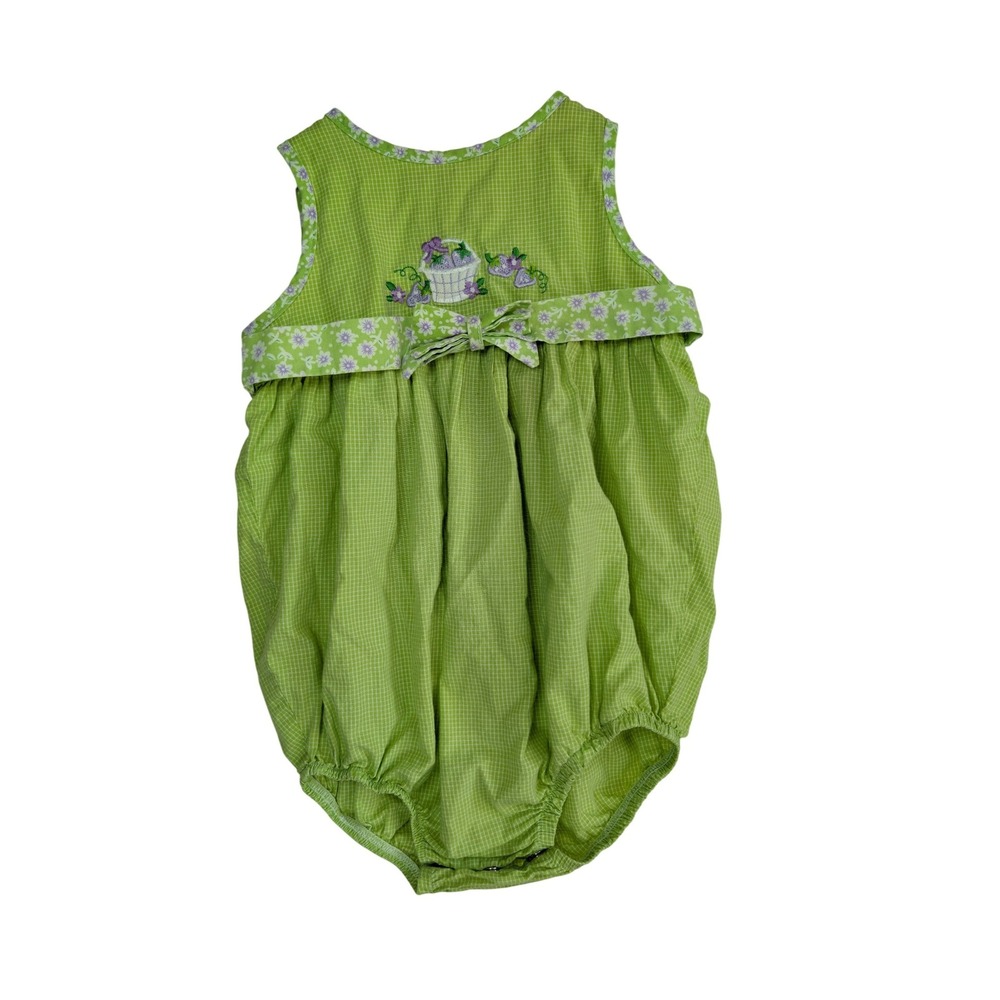 PA Kids Vintage Bubble Romper Baby Girls 24M Green Gingham Berry Embroidery 90s